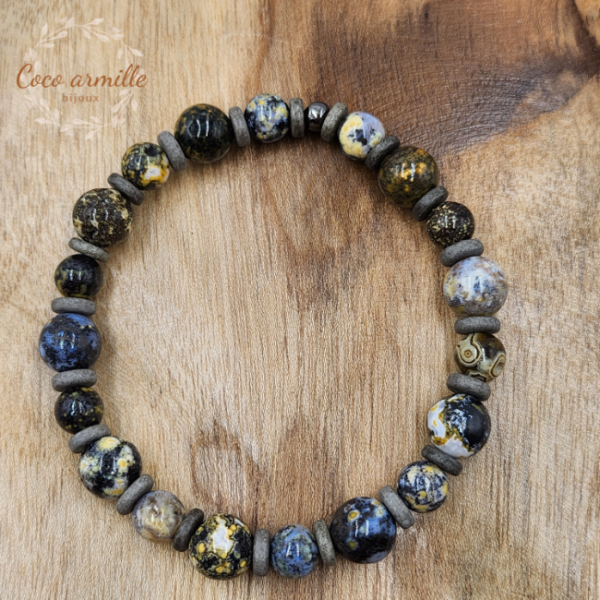 Bracelet en pierre naturelle de jaspe océan, intercalaires céramique grecque, cocoarmille