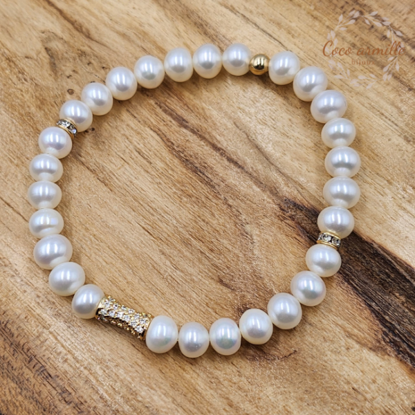 Bracelet en perle d'eau 6/7 mm perles avec strass doré