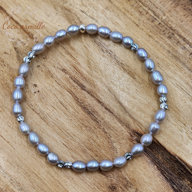 Bracelet en perle d'eau grise forme olive de 4 mm, cocoarmille